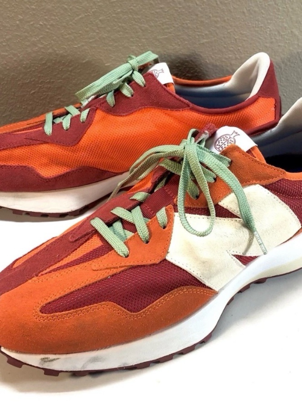 New Balance 327 Pomegranate, size 15. Orange, Red, w/Farmers Mkt Green Laces.